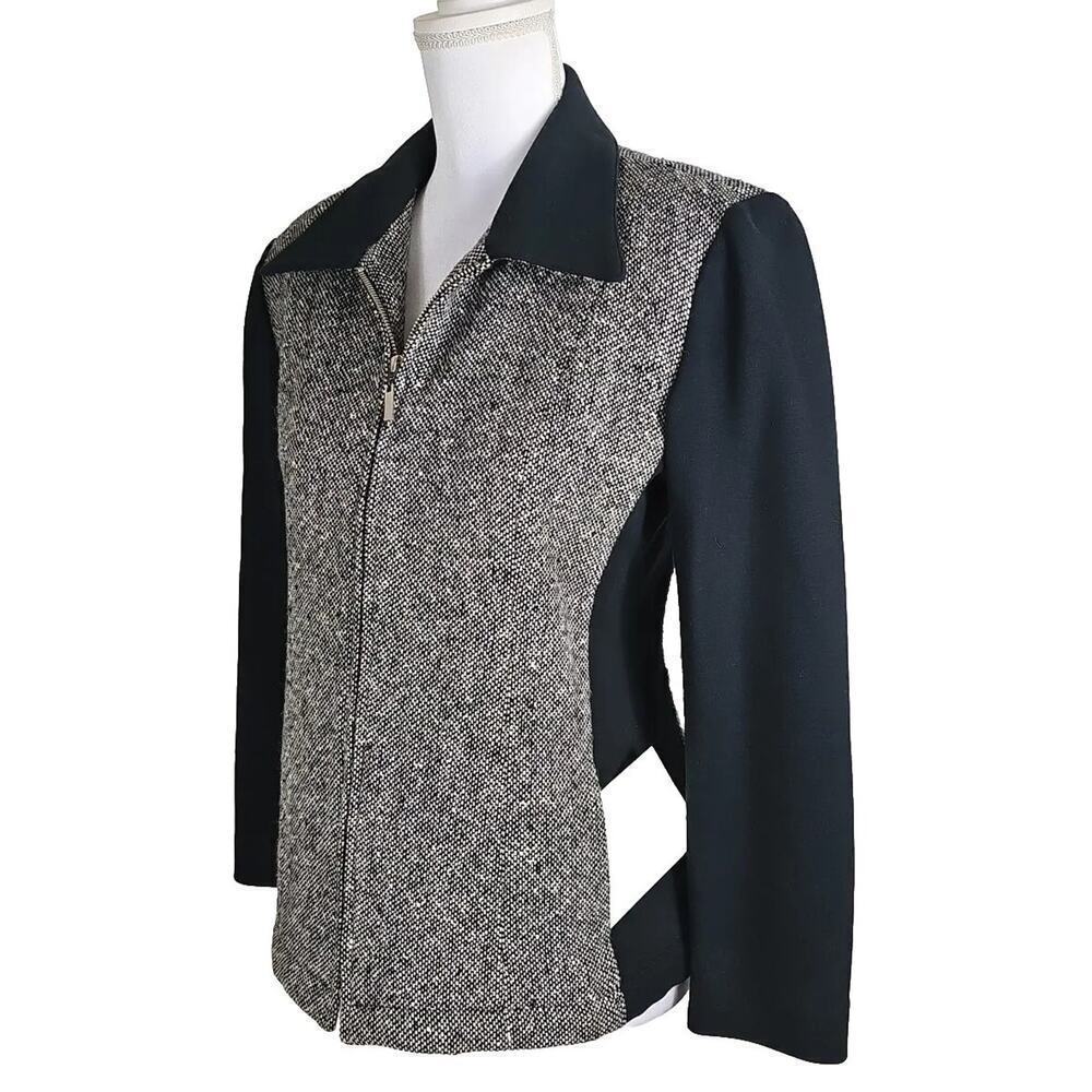 LIZSPORT~Woman Size 8Petite~ Black/Gray 100% Wool Zip-Up Blazer Colorblock.